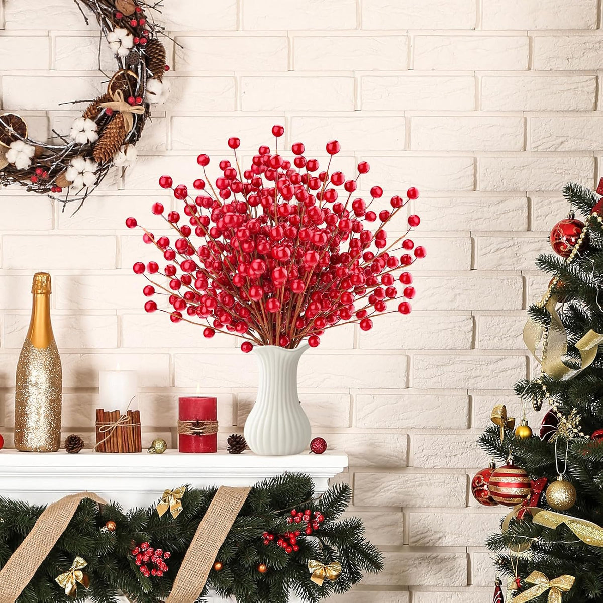 Large Artificial Pomegranate Branches Christmas Red Berry Stem