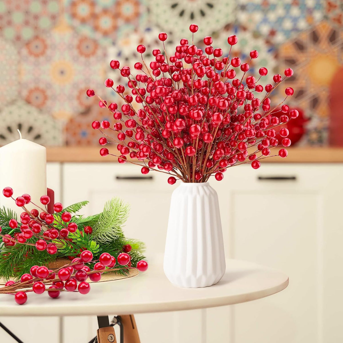 Large Artificial Pomegranate Branches Christmas Red Berry Stem