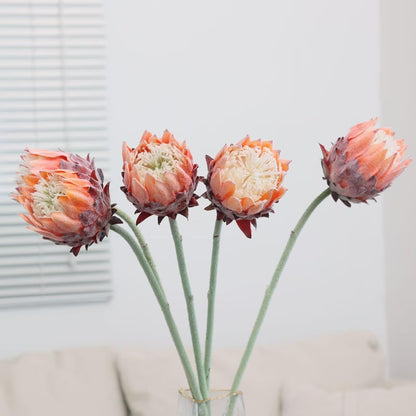 4Pcs Artificial King Protea Flower Faux King Protea Tropical Flowers Stem Fake Cynaroides Floral Arrangements for Wedding Party Centerpiece Home Office Garden Decor