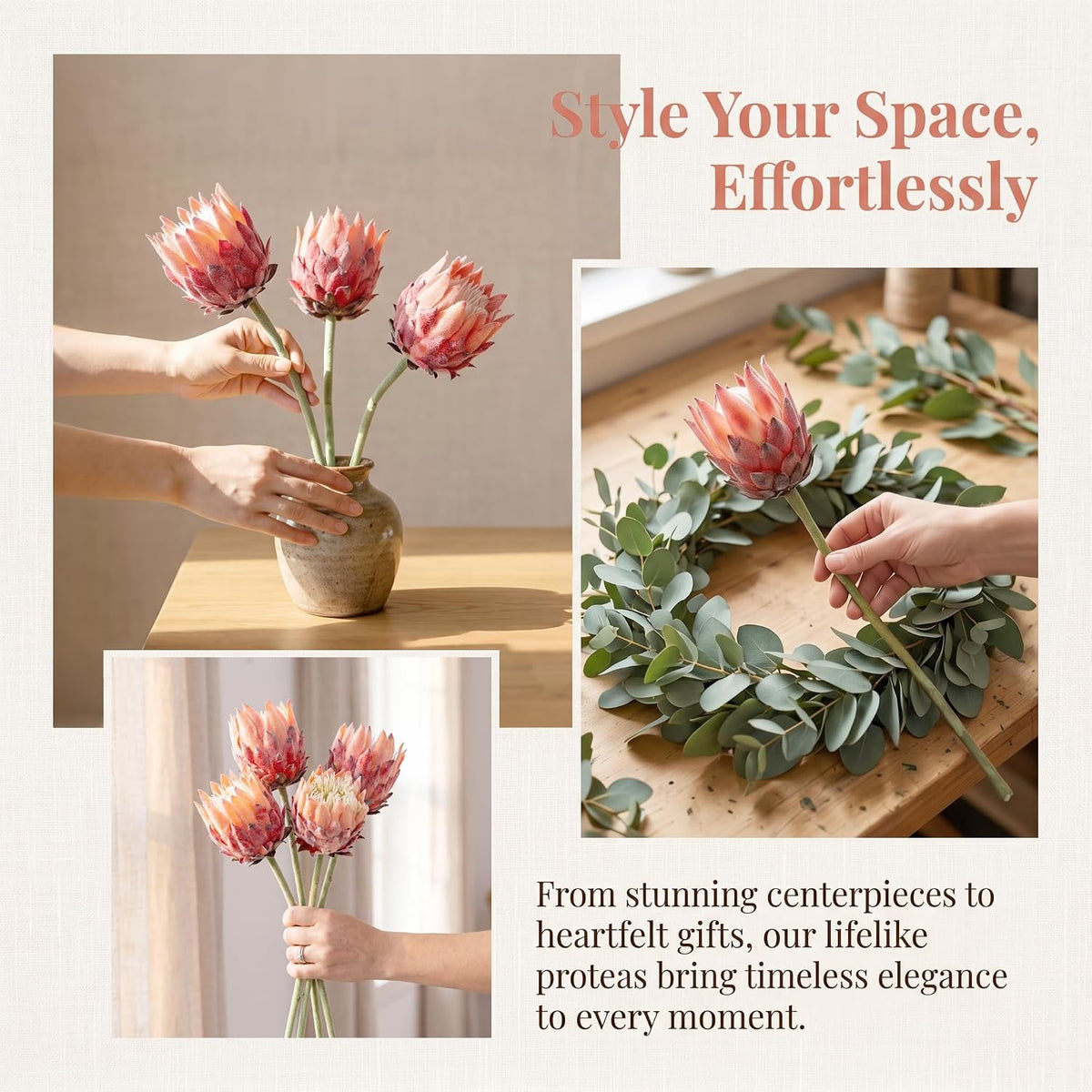 4Pcs Artificial King Protea Flower Faux King Protea Tropical Flowers Stem Fake Cynaroides Floral Arrangements for Wedding Party Centerpiece Home Office Garden Decor