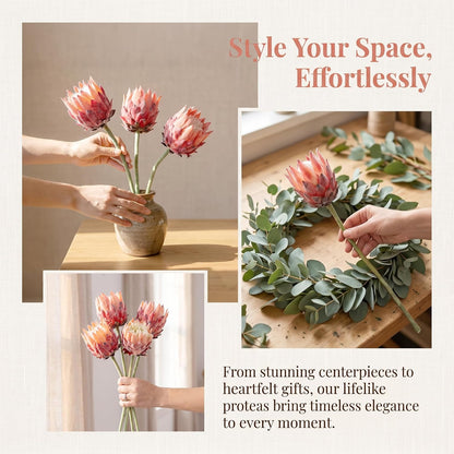 4Pcs Artificial King Protea Flower Faux King Protea Tropical Flowers Stem Fake Cynaroides Floral Arrangements for Wedding Party Centerpiece Home Office Garden Decor