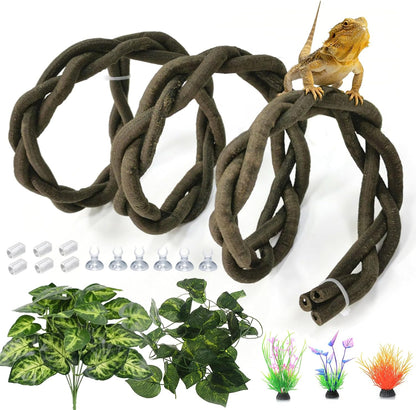 Reptile Vines,Flexible Reptile Climbing Jungle Vine Branch with Suction Cups,Bearded Dragon Terrarium Vines Leaves Plants Decor Tank Accessories for Chameleon Gecko Snake Lizard