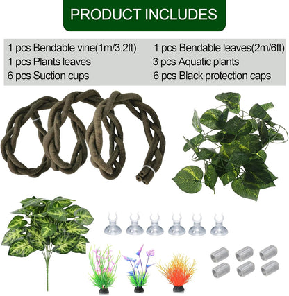 Reptile Vines,Flexible Reptile Climbing Jungle Vine Branch with Suction Cups,Bearded Dragon Terrarium Vines Leaves Plants Decor Tank Accessories for Chameleon Gecko Snake Lizard