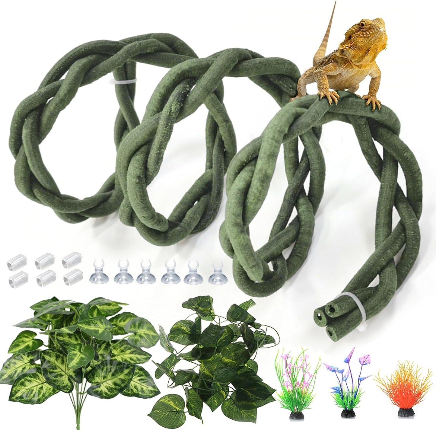 Reptile Vines,Flexible Reptile Climbing Jungle Vine Branch with Suction Cups,Bearded Dragon Terrarium Vines Leaves Plants Decor Tank Accessories for Chameleon Gecko Snake Lizard