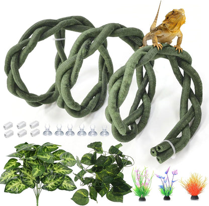 Reptile Vines,Flexible Reptile Climbing Jungle Vine Branch with Suction Cups,Bearded Dragon Terrarium Vines Leaves Plants Decor Tank Accessories for Chameleon Gecko Snake Lizard