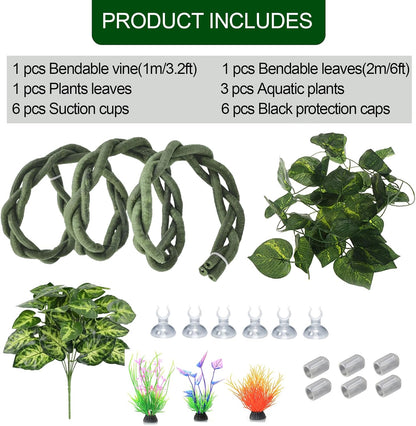 Reptile Vines,Flexible Reptile Climbing Jungle Vine Branch with Suction Cups,Bearded Dragon Terrarium Vines Leaves Plants Decor Tank Accessories for Chameleon Gecko Snake Lizard