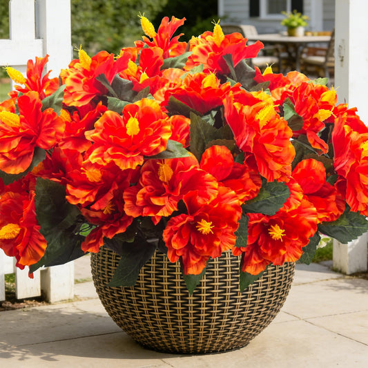 Artificial Hibiscus Flowers 5 Bundles, UV Resistant Fake Tropical Flowers Realistic Silk Blooms for Outdoor Planter Garden Patio Porch Window Box Home Decor (Orange)