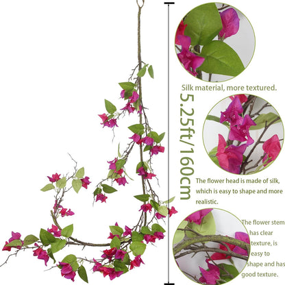 Artificial Bougainvillea Flowers Garland Fuchsia Silk Bougainvillea Vines UV Resistant Realistic Faux Hanging Flowers Plants for Outdoor Outside Summer Decoration Porch Patio Balcony Yard Wall