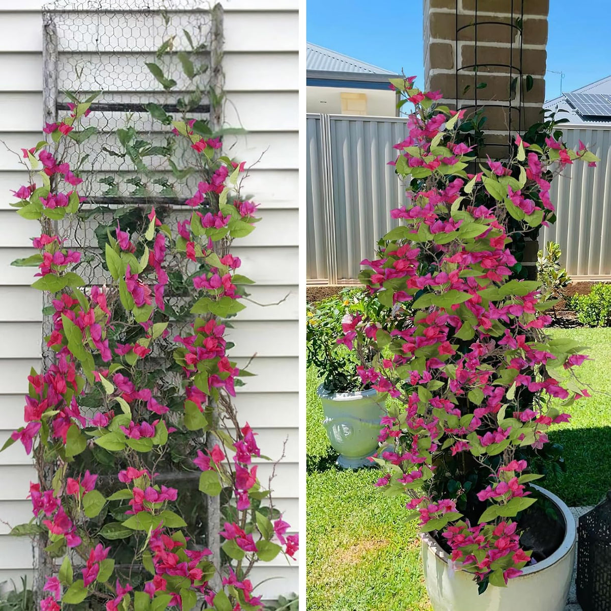 Artificial Bougainvillea Flowers Garland Fuchsia Silk Bougainvillea Vines UV Resistant Realistic Faux Hanging Flowers Plants for Outdoor Outside Summer Decoration Porch Patio Balcony Yard Wall