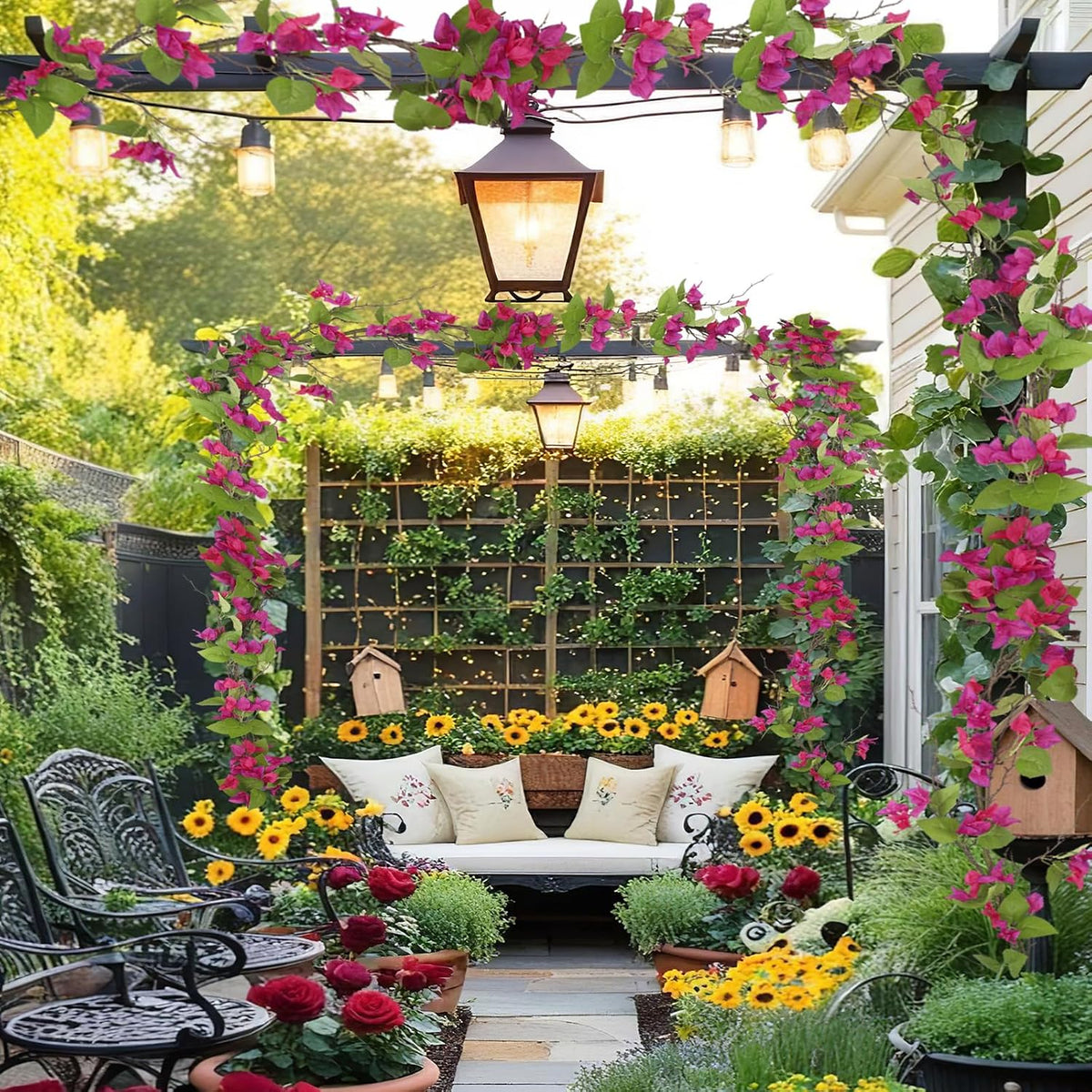Artificial Bougainvillea Flowers Garland Fuchsia Silk Bougainvillea Vines UV Resistant Realistic Faux Hanging Flowers Plants for Outdoor Outside Summer Decoration Porch Patio Balcony Yard Wall