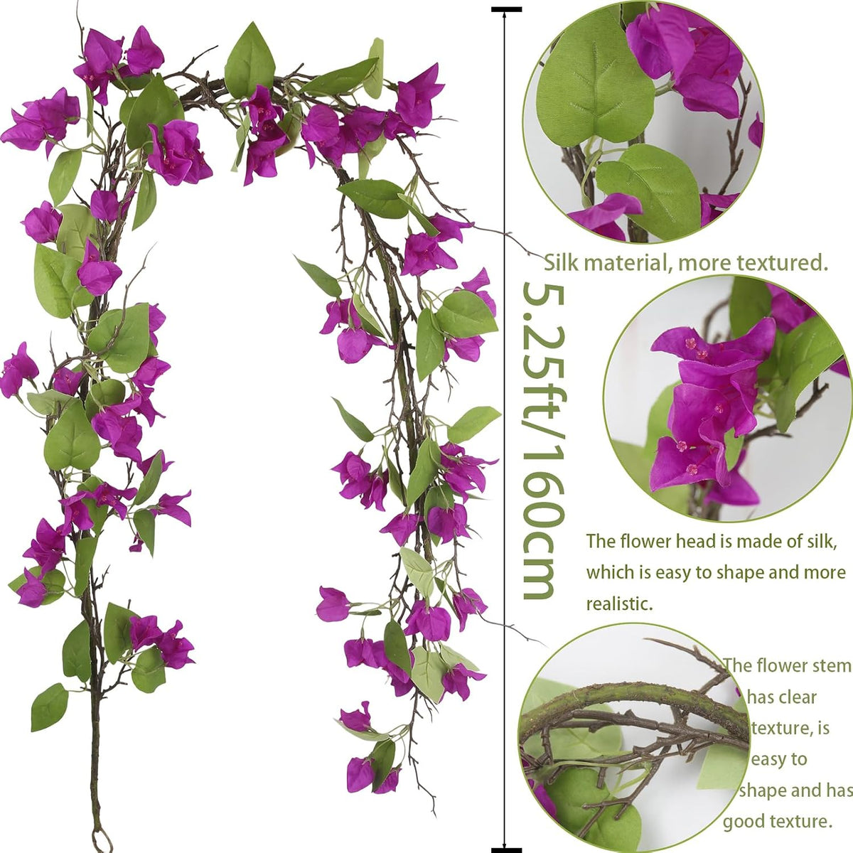Artificial Bougainvillea Flowers Garland Fuchsia Silk Bougainvillea Vines UV Resistant Realistic Faux Hanging Flowers Plants for Outdoor Outside Summer Decoration Porch Patio Balcony Yard Wall