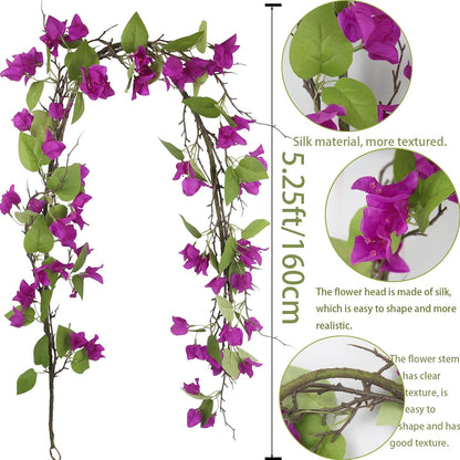 Artificial Bougainvillea Flowers Garland Fuchsia Silk Bougainvillea Vines UV Resistant Realistic Faux Hanging Flowers Plants for Outdoor Outside Summer Decoration Porch Patio Balcony Yard Wall