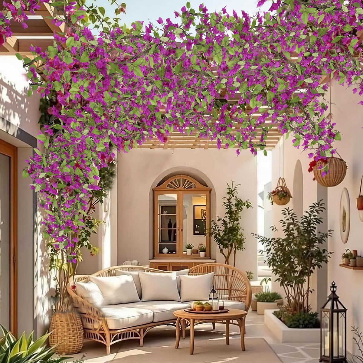Artificial Bougainvillea Flowers Garland Fuchsia Silk Bougainvillea Vines UV Resistant Realistic Faux Hanging Flowers Plants for Outdoor Outside Summer Decoration Porch Patio Balcony Yard Wall