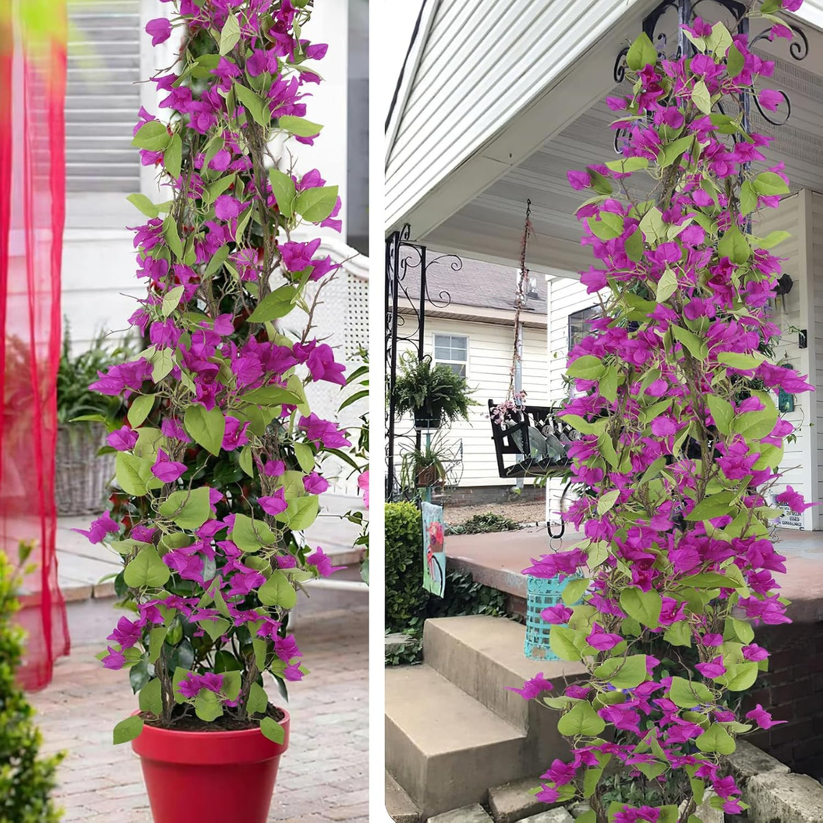 Artificial Bougainvillea Flowers Garland Fuchsia Silk Bougainvillea Vines UV Resistant Realistic Faux Hanging Flowers Plants for Outdoor Outside Summer Decoration Porch Patio Balcony Yard Wall