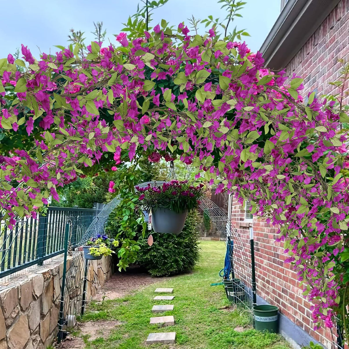 Artificial Bougainvillea Flowers Garland Fuchsia Silk Bougainvillea Vines UV Resistant Realistic Faux Hanging Flowers Plants for Outdoor Outside Summer Decoration Porch Patio Balcony Yard Wall