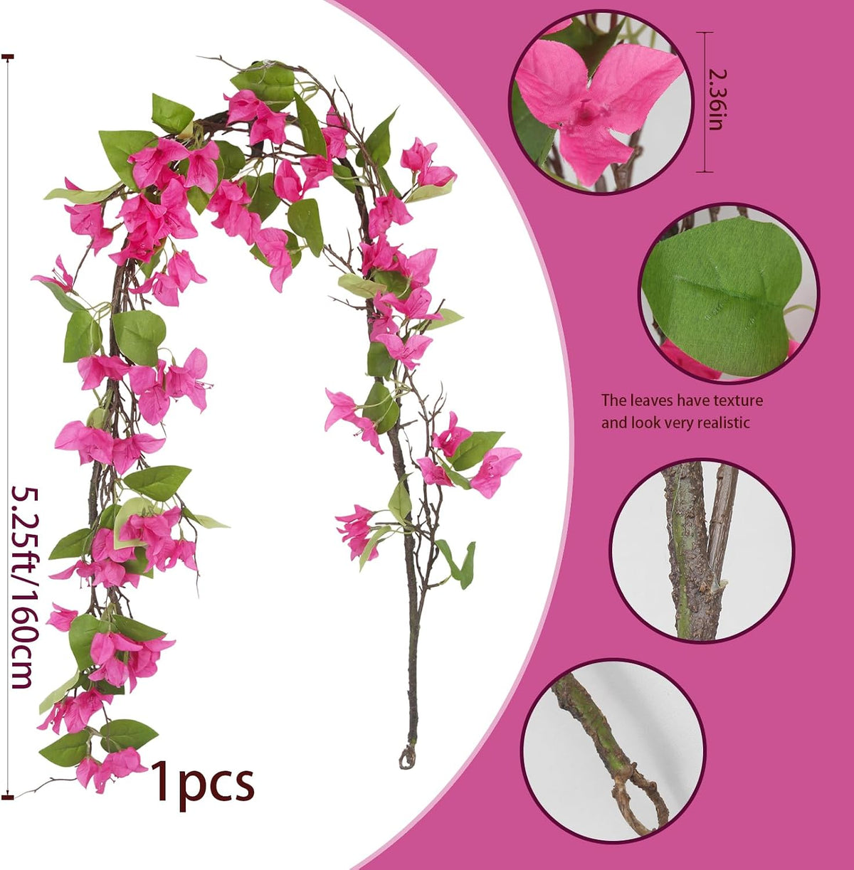 Artificial Bougainvillea Flowers Garland Fuchsia Silk Bougainvillea Vines UV Resistant Realistic Faux Hanging Flowers Plants for Outdoor Outside Summer Decoration Porch Patio Balcony Yard Wall