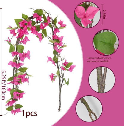 Artificial Bougainvillea Flowers Garland Fuchsia Silk Bougainvillea Vines UV Resistant Realistic Faux Hanging Flowers Plants for Outdoor Outside Summer Decoration Porch Patio Balcony Yard Wall