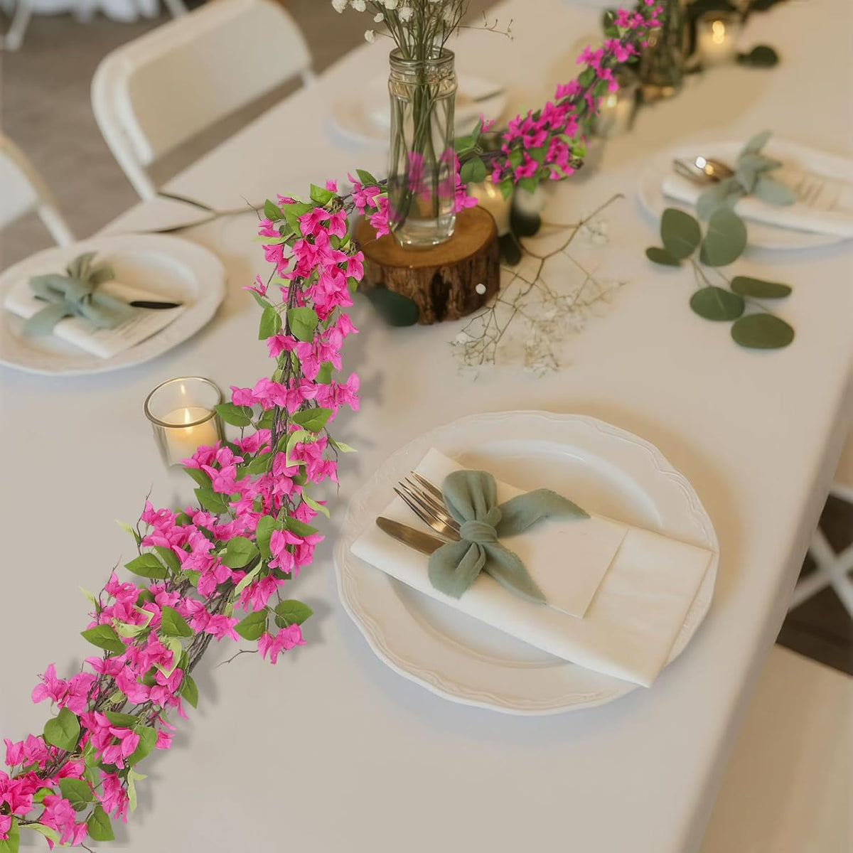 Artificial Bougainvillea Flowers Garland Fuchsia Silk Bougainvillea Vines UV Resistant Realistic Faux Hanging Flowers Plants for Outdoor Outside Summer Decoration Porch Patio Balcony Yard Wall