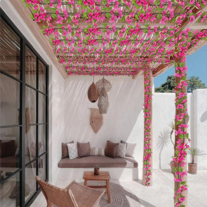 Artificial Bougainvillea Flowers Garland Fuchsia Silk Bougainvillea Vines UV Resistant Realistic Faux Hanging Flowers Plants for Outdoor Outside Summer Decoration Porch Patio Balcony Yard Wall
