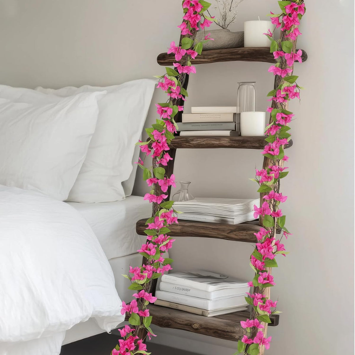 Artificial Bougainvillea Flowers Garland Fuchsia Silk Bougainvillea Vines UV Resistant Realistic Faux Hanging Flowers Plants for Outdoor Outside Summer Decoration Porch Patio Balcony Yard Wall