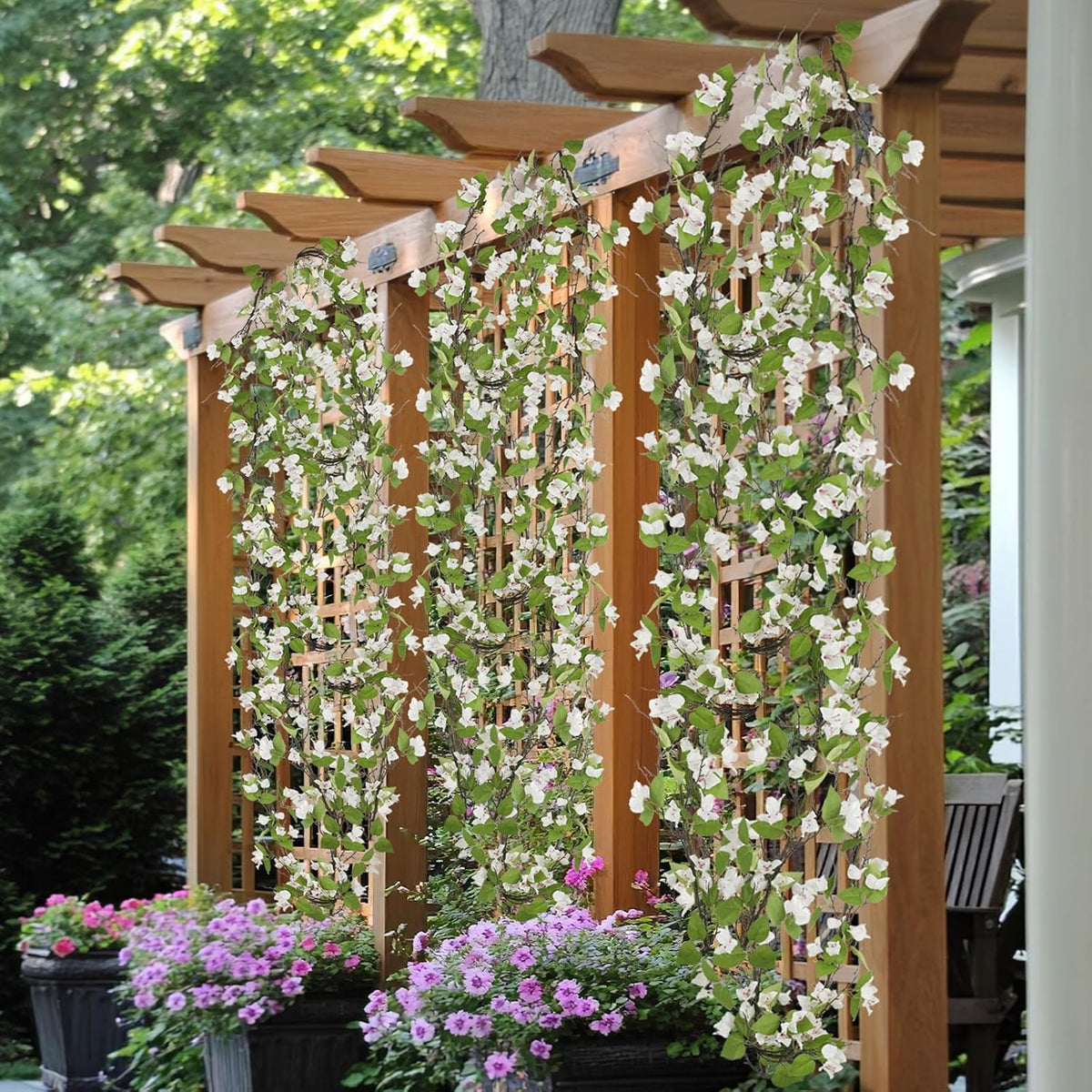 Artificial Bougainvillea Flowers Garland Fuchsia Silk Bougainvillea Vines UV Resistant Realistic Faux Hanging Flowers Plants for Outdoor Outside Summer Decoration Porch Patio Balcony Yard Wall