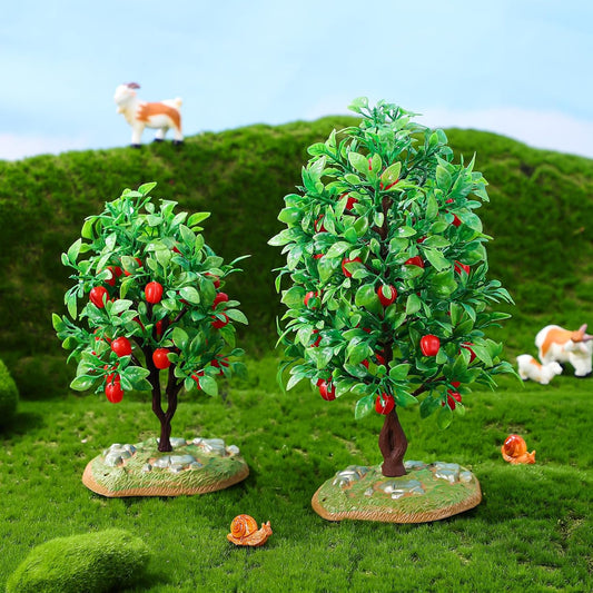 Mini Artificial Apple Tree Ornaments with Faux Fruit 2 Pack Realistic Small Model Trees for Train Scenery Home Decor Micro Landscape Display 4 Inch