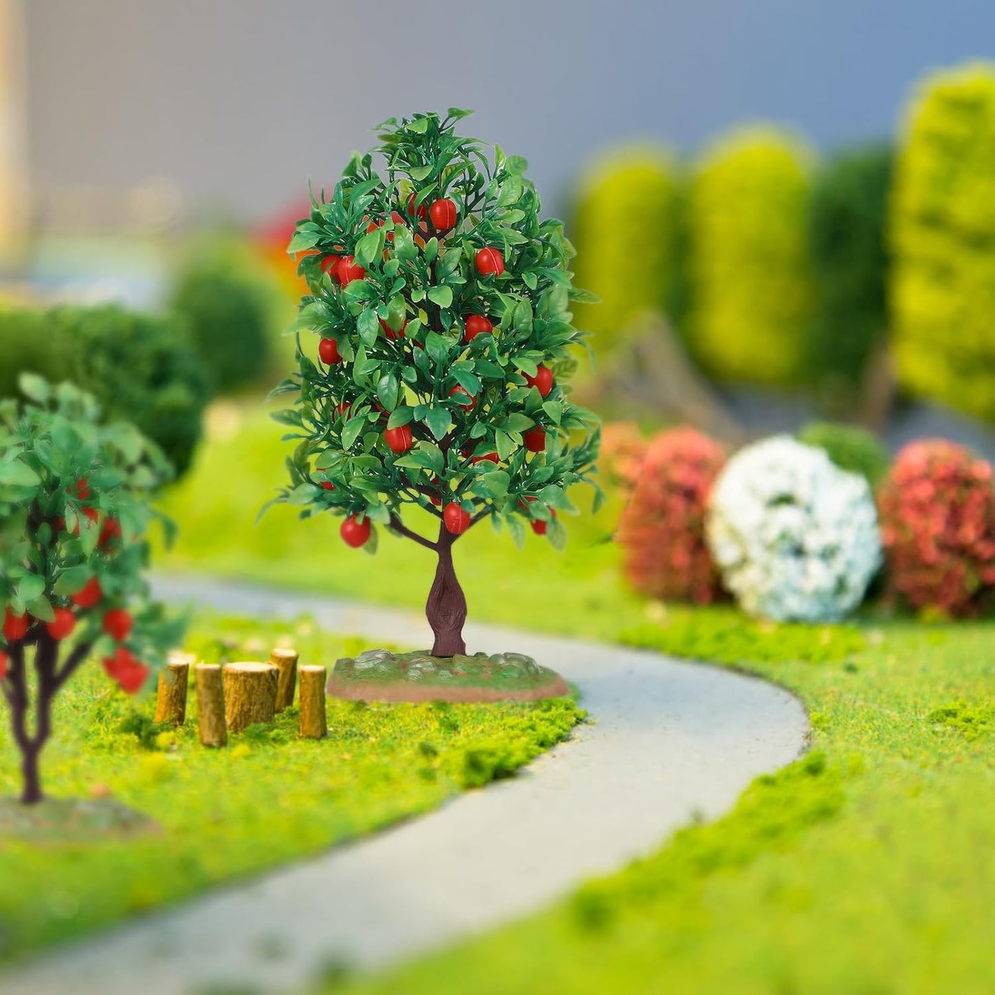 Mini Artificial Apple Tree Ornaments with Faux Fruit 2 Pack Realistic Small Model Trees for Train Scenery Home Decor Micro Landscape Display 4 Inch