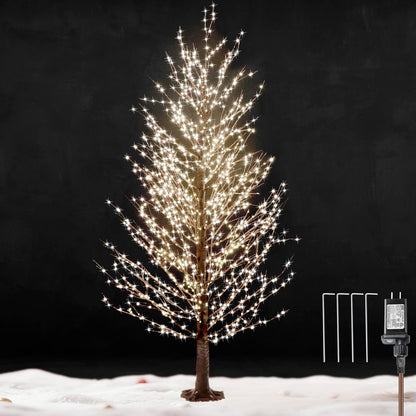 6FT Brown Lighted Birch Tree 1300LEDs Warm White Lights, Xmas Twinkle Tree with Timer,8 Lighting Modes IP44 Waterproof,Lighted Alpine Tree for Indoor Outdoor Festival Party Christmas Decor