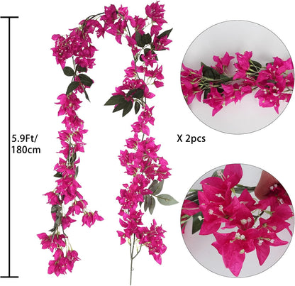 5.9 Ft Artificial Bougainvillea Flowers Garland 2PCS Fake Silk Bougainvillea Vines Long Plant Faux Bougainvillea Wreaths for Centerpieces Table Runner Wedding Arch Wall Decorations (Deep Pink)