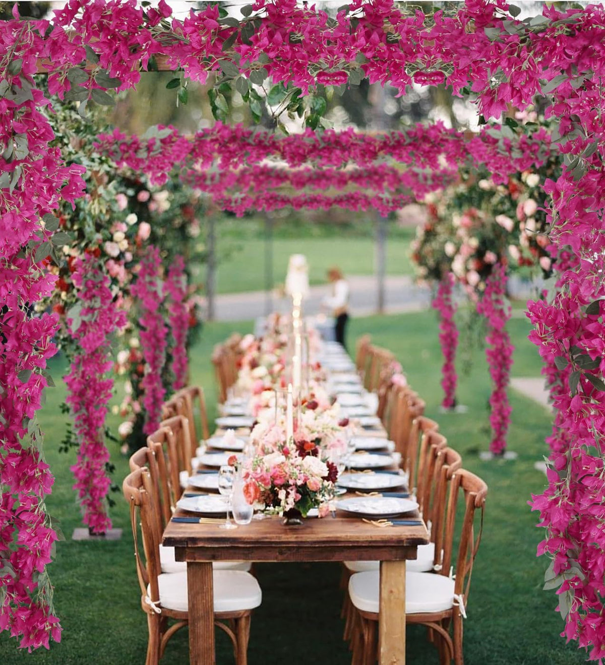 5.9 Ft Artificial Bougainvillea Flowers Garland 2PCS Fake Silk Bougainvillea Vines Long Plant Faux Bougainvillea Wreaths for Centerpieces Table Runner Wedding Arch Wall Decorations (Deep Pink)