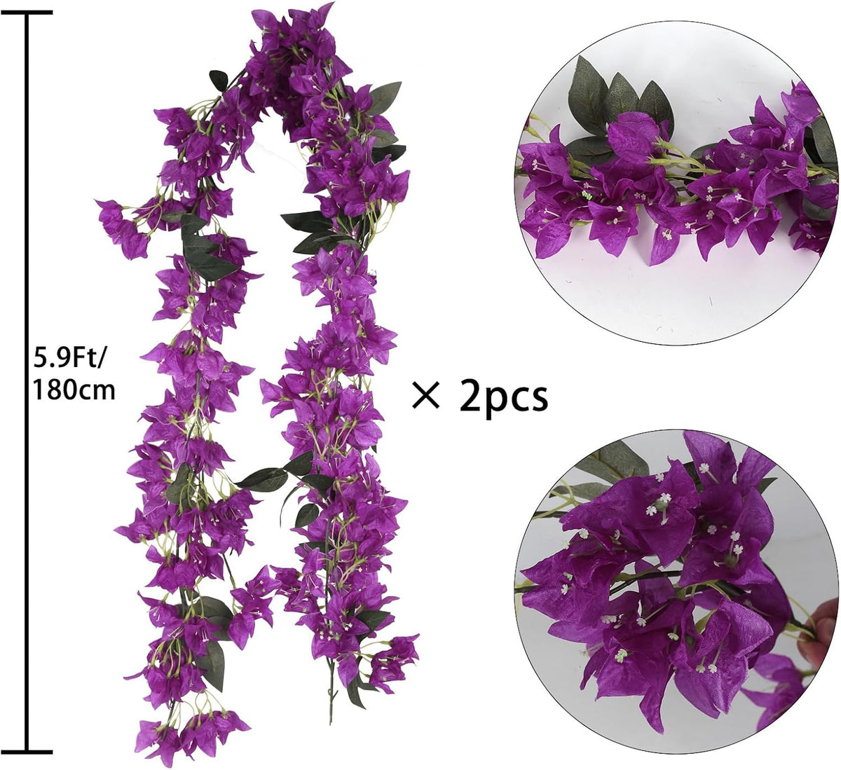 5.9 Ft Artificial Bougainvillea Flowers Garland 2PCS Fake Silk Bougainvillea Vines Long Plant Faux Bougainvillea Wreaths for Centerpieces Table Runner Wedding Arch Wall Decorations (Deep Pink)