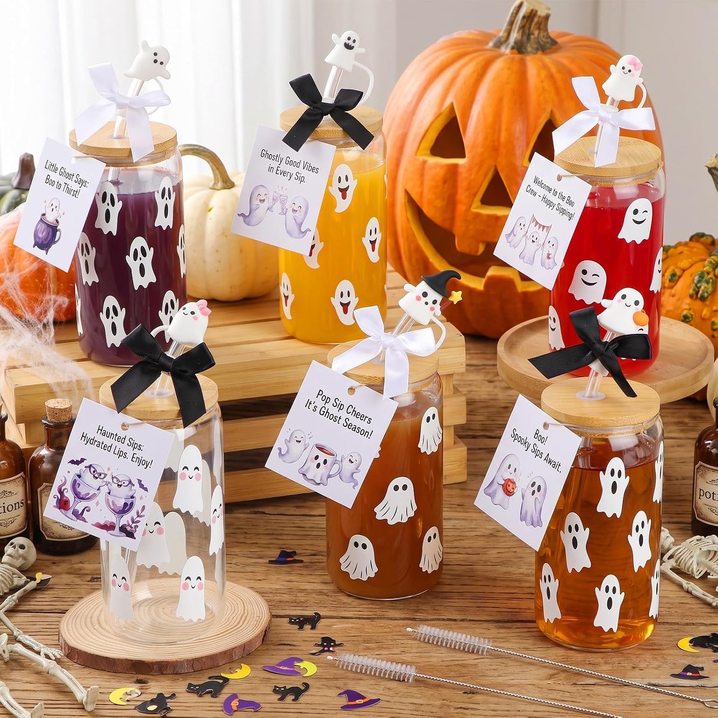 6 Set Lemon Glass Cups 16 oz Summer Drinking Tumbler with Lid Straw and Stopper Can Shaped Beer Iced Coffee Cup Appreciation Gifts with Cards and Bow for Summer Party Favor Decorations