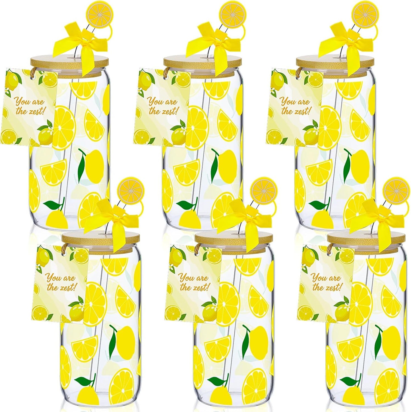 6 Set Lemon Glass Cups 16 oz Summer Drinking Tumbler with Lid Straw and Stopper Can Shaped Beer Iced Coffee Cup Appreciation Gifts with Cards and Bow for Summer Party Favor Decorations