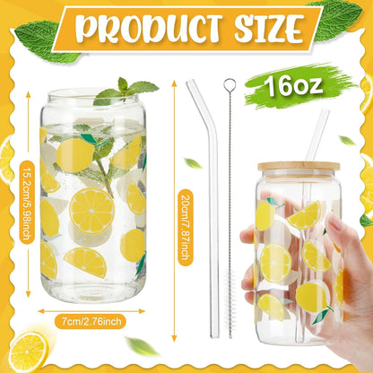 6 Set Lemon Glass Cups 16 oz Summer Drinking Tumbler with Lid Straw and Stopper Can Shaped Beer Iced Coffee Cup Appreciation Gifts with Cards and Bow for Summer Party Favor Decorations