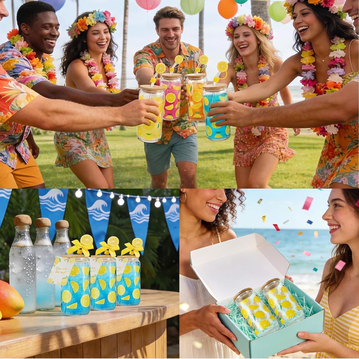 6 Set Lemon Glass Cups 16 oz Summer Drinking Tumbler with Lid Straw and Stopper Can Shaped Beer Iced Coffee Cup Appreciation Gifts with Cards and Bow for Summer Party Favor Decorations