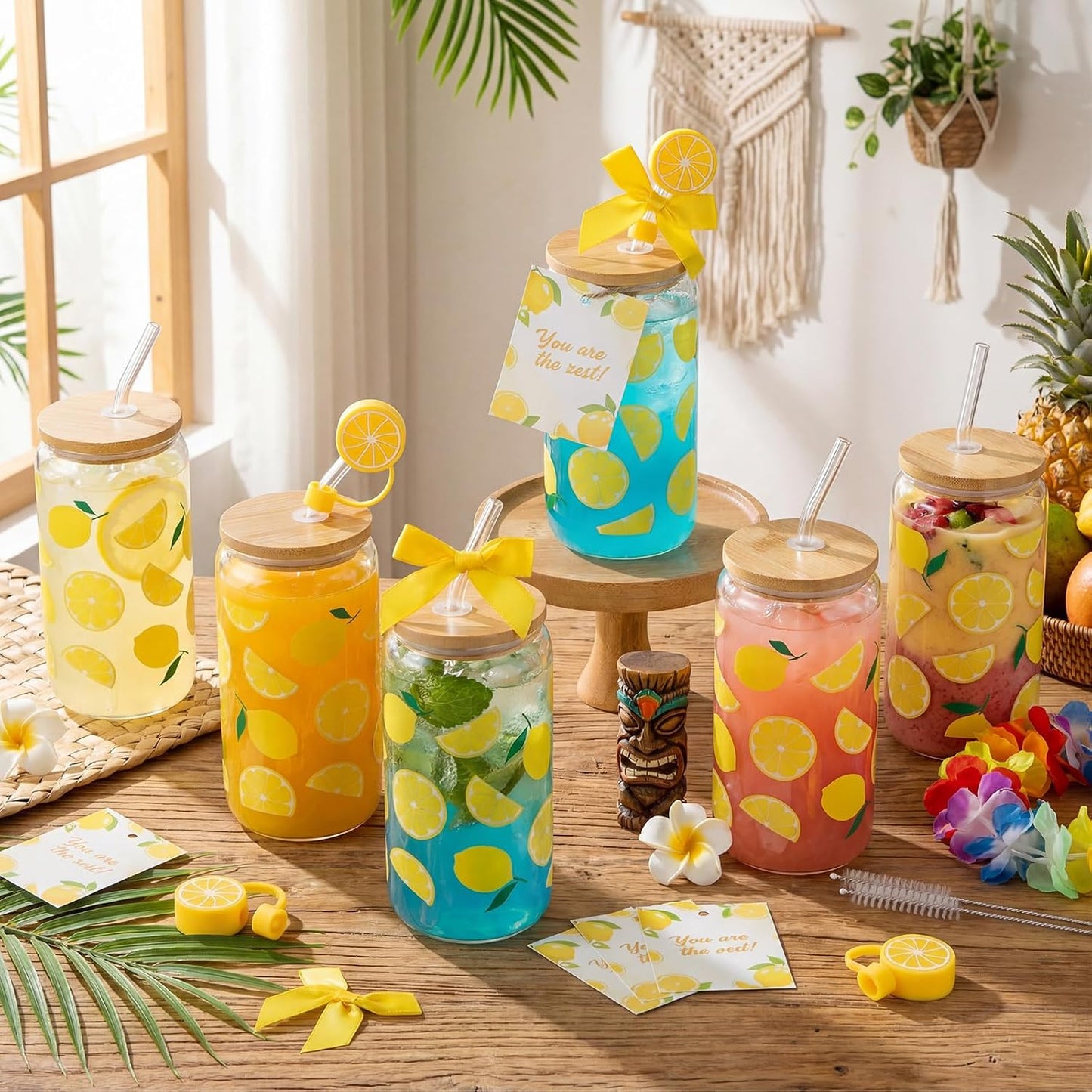 6 Set Lemon Glass Cups 16 oz Summer Drinking Tumbler with Lid Straw and Stopper Can Shaped Beer Iced Coffee Cup Appreciation Gifts with Cards and Bow for Summer Party Favor Decorations