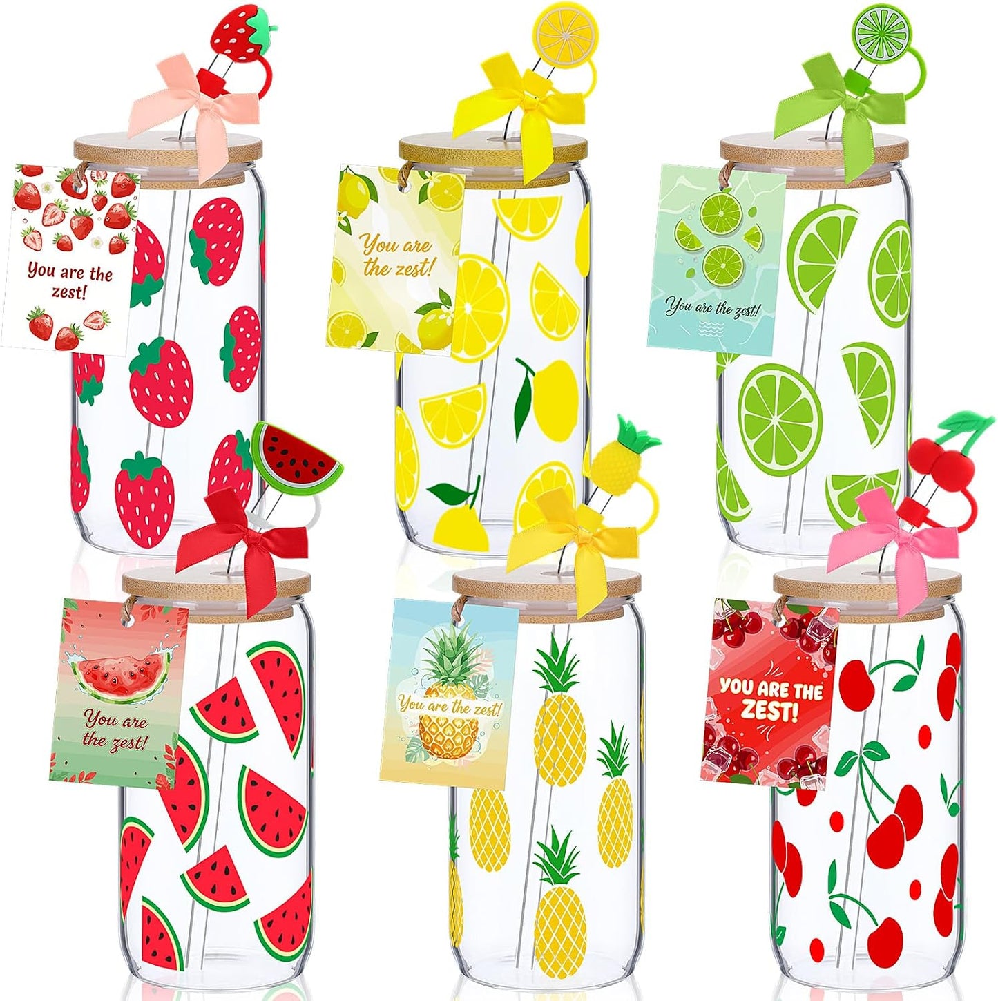 6 Set Lemon Glass Cups 16 oz Summer Drinking Tumbler with Lid Straw and Stopper Can Shaped Beer Iced Coffee Cup Appreciation Gifts with Cards and Bow for Summer Party Favor Decorations