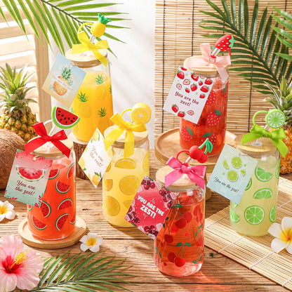 6 Set Lemon Glass Cups 16 oz Summer Drinking Tumbler with Lid Straw and Stopper Can Shaped Beer Iced Coffee Cup Appreciation Gifts with Cards and Bow for Summer Party Favor Decorations
