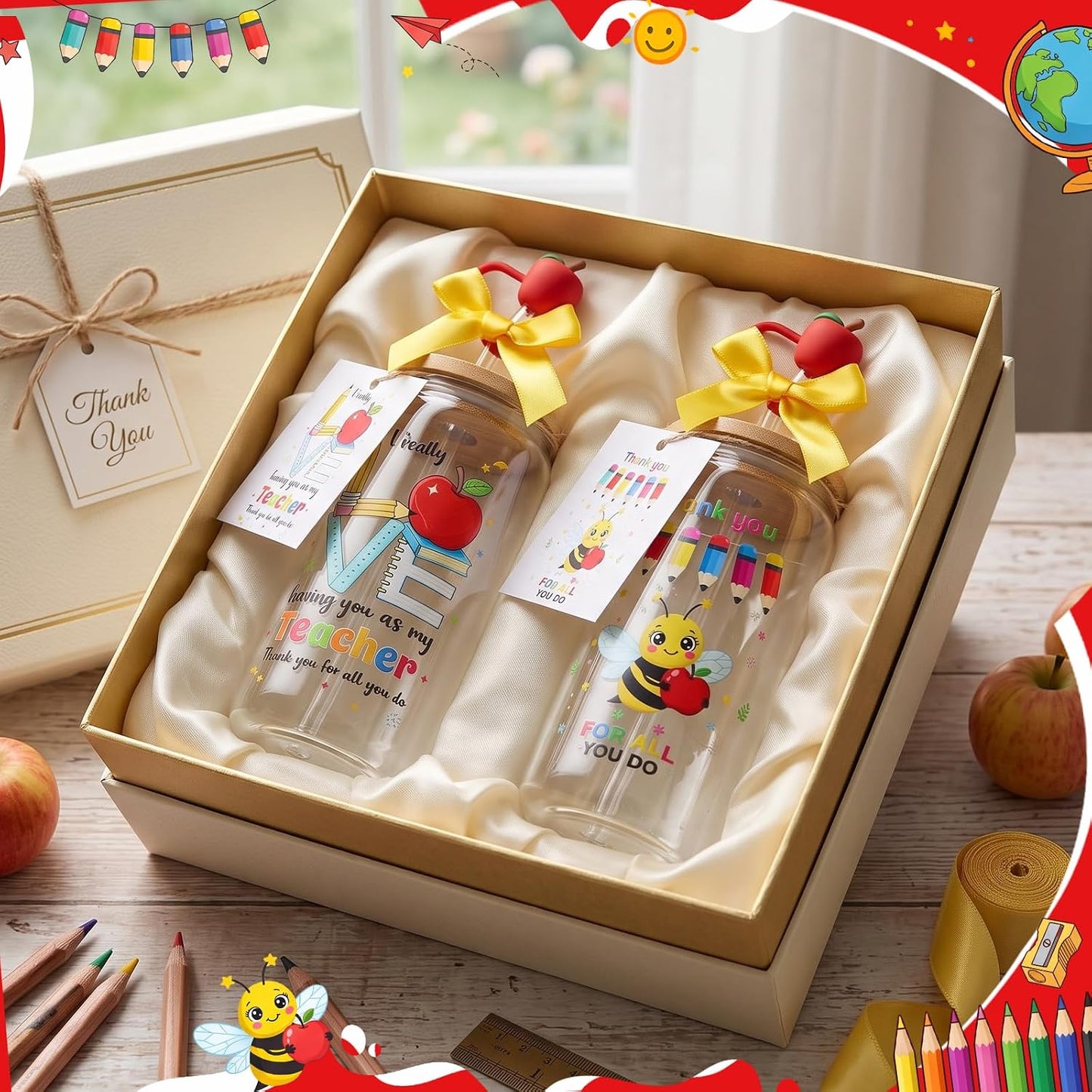 6 Set Lemon Glass Cups 16 oz Summer Drinking Tumbler with Lid Straw and Stopper Can Shaped Beer Iced Coffee Cup Appreciation Gifts with Cards and Bow for Summer Party Favor Decorations