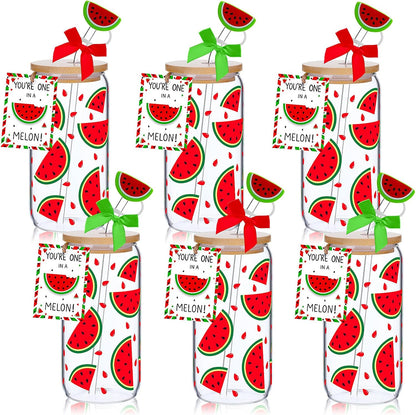 6 Set Lemon Glass Cups 16 oz Summer Drinking Tumbler with Lid Straw and Stopper Can Shaped Beer Iced Coffee Cup Appreciation Gifts with Cards and Bow for Summer Party Favor Decorations
