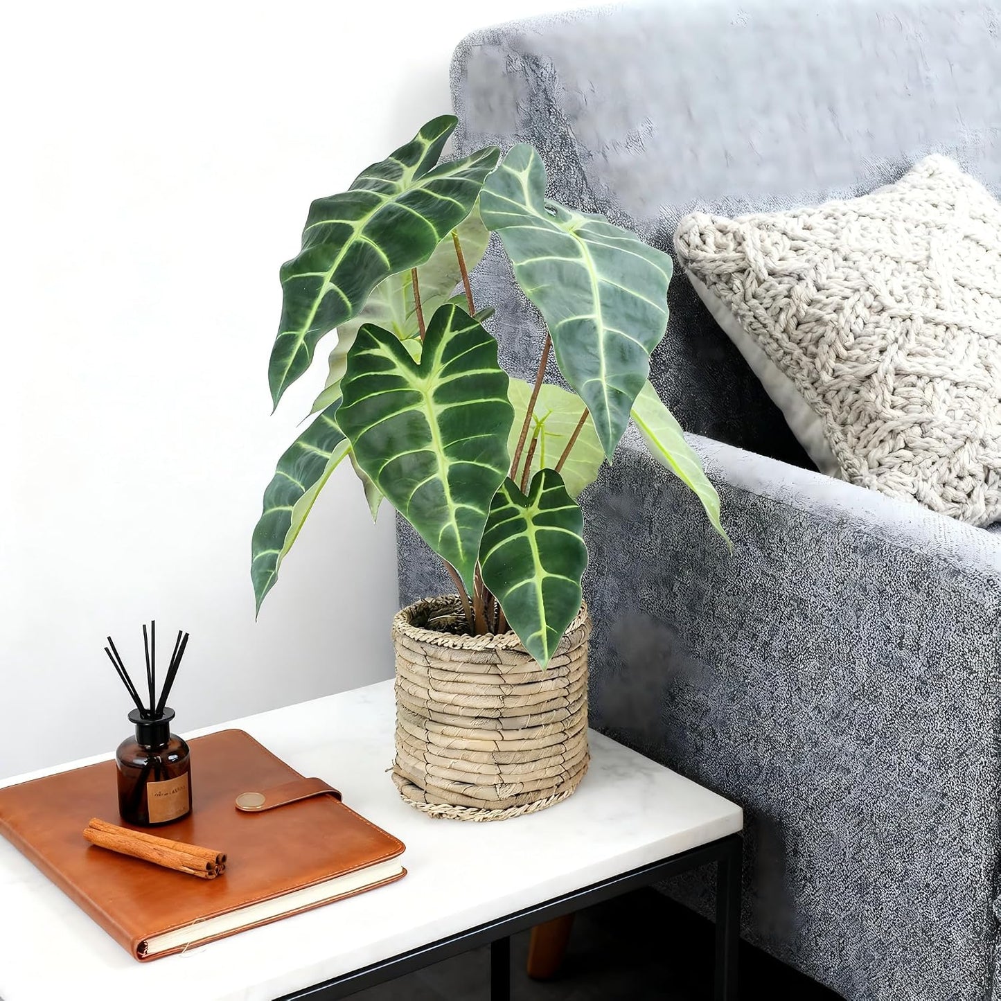 Artificial Alocasia Plant, 17-Inch Tropical Green Leaves in Natural Woven Basket (Green)