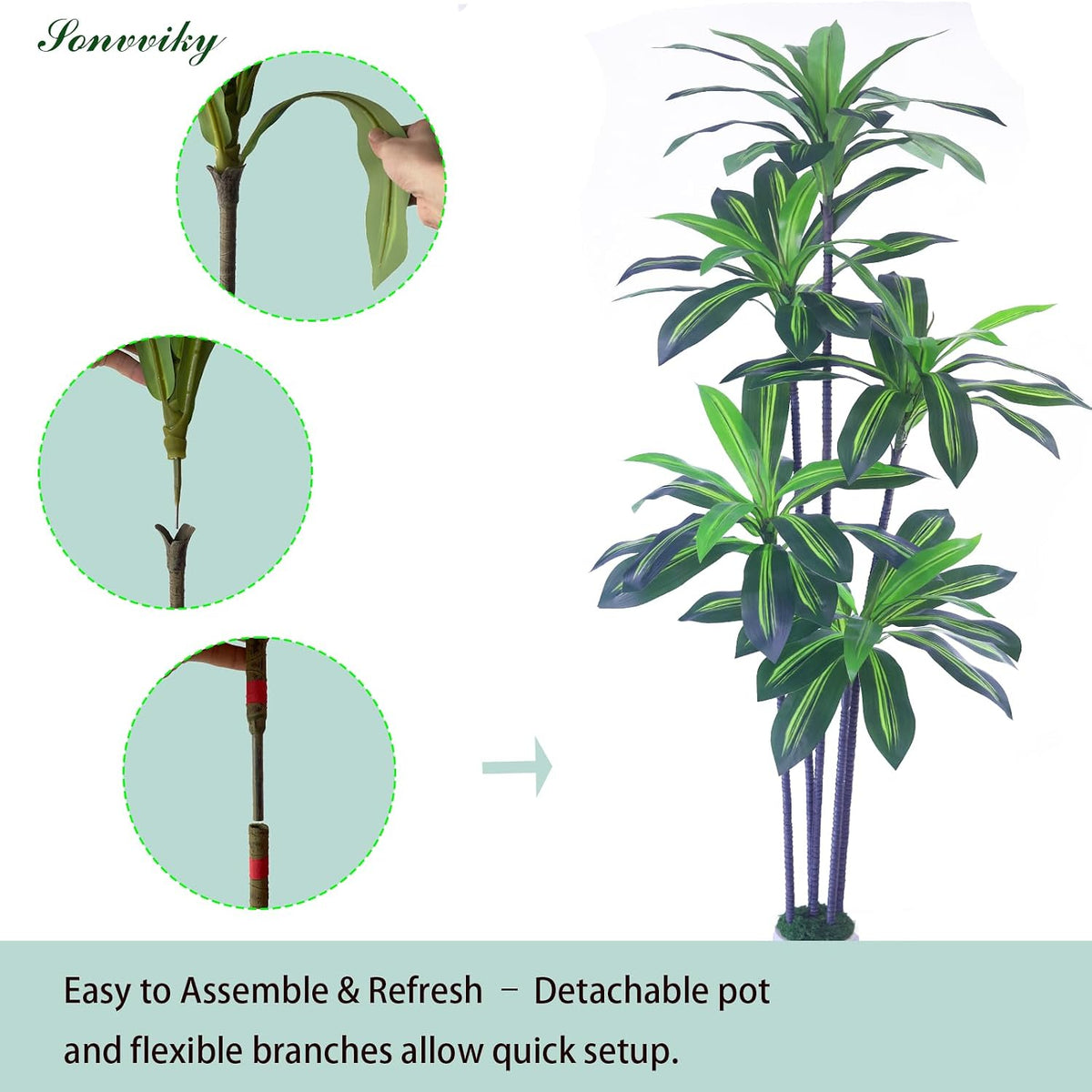 6ft Artificial Dracaena Tree for Home Decor, Potted Faux Plant with Realistic Wood Trunk & Lifelike Leaves, Low Maintenance Tall Floor Tree for Living Room, Office (6ft)