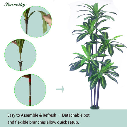 6ft Artificial Dracaena Tree for Home Decor, Potted Faux Plant with Realistic Wood Trunk & Lifelike Leaves, Low Maintenance Tall Floor Tree for Living Room, Office (6ft)