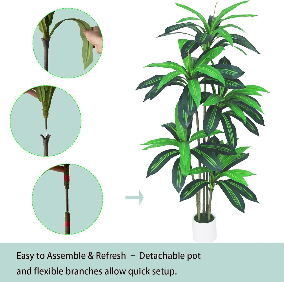 6ft Artificial Dracaena Tree for Home Decor, Potted Faux Plant with Realistic Wood Trunk & Lifelike Leaves, Low Maintenance Tall Floor Tree for Living Room, Office (6ft)