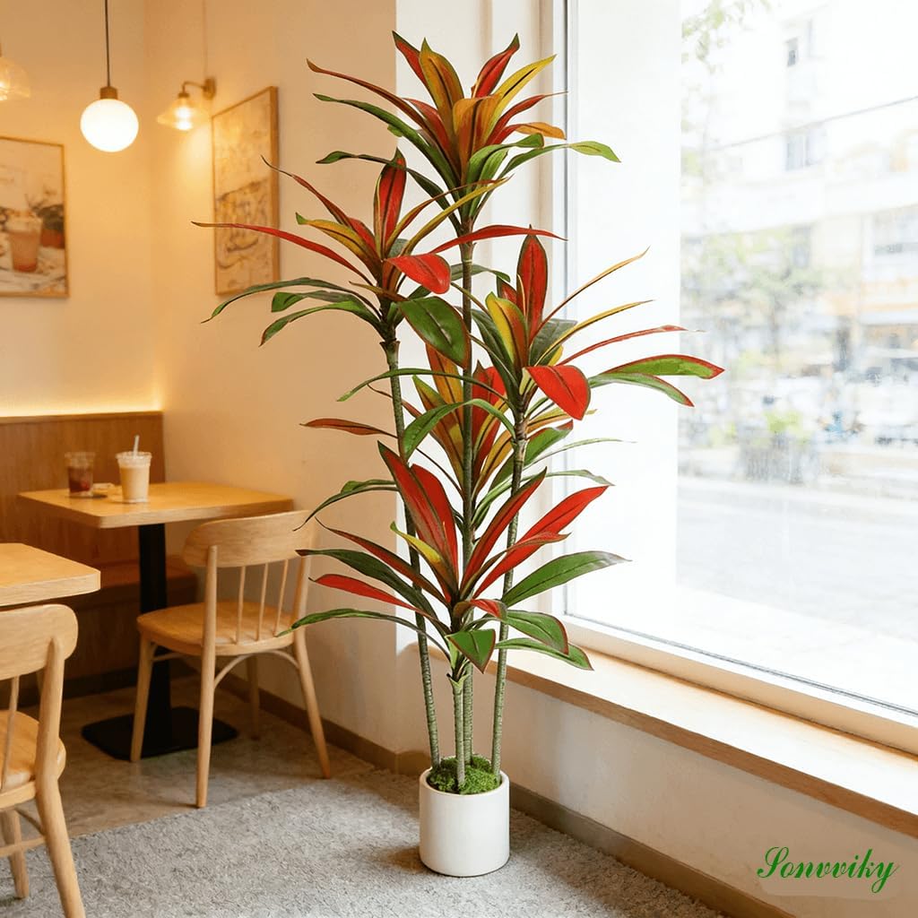 6ft Artificial Dracaena Tree for Home Decor, Potted Faux Plant with Realistic Wood Trunk & Lifelike Leaves, Low Maintenance Tall Floor Tree for Living Room, Office (6ft)