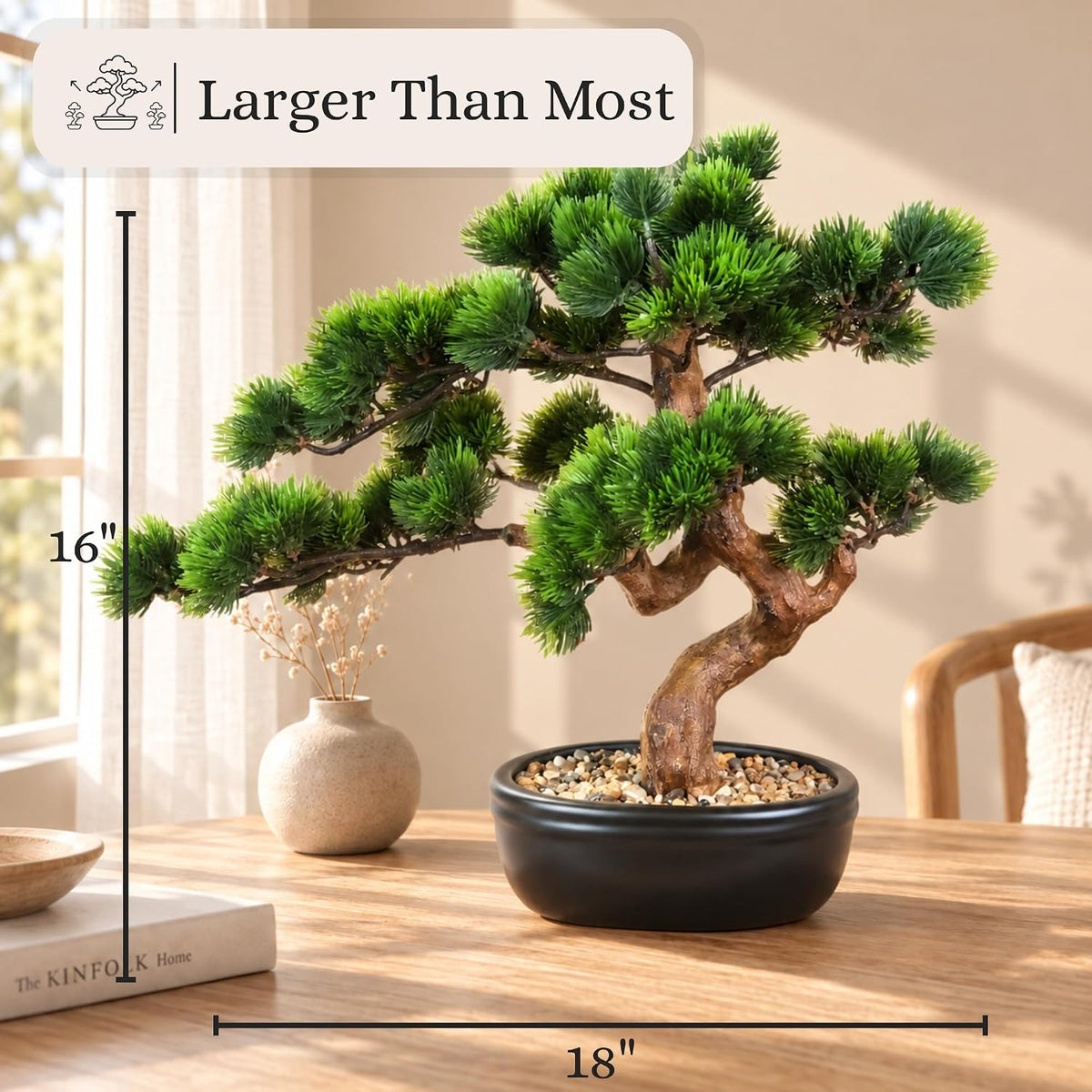 Artificial Bonsai Tree 16" Tall with Realistic Wood and Ceramic Pot, Fake Plants for Home, Bedroom and Office Desk, Japanese Decor