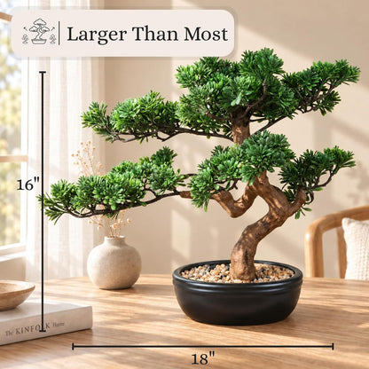 Artificial Bonsai Tree 16" Tall with Realistic Wood and Ceramic Pot, Fake Plants for Home, Bedroom and Office Desk, Japanese Decor