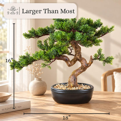 Artificial Bonsai Tree 16" Tall with Realistic Wood and Ceramic Pot, Fake Plants for Home, Bedroom and Office Desk, Japanese Decor