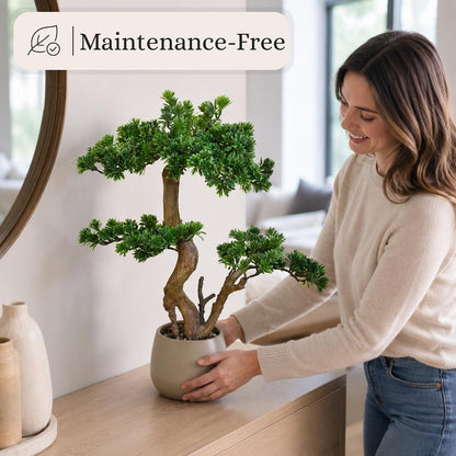 Artificial Bonsai Tree 16" Tall with Realistic Wood and Ceramic Pot, Fake Plants for Home, Bedroom and Office Desk, Japanese Decor