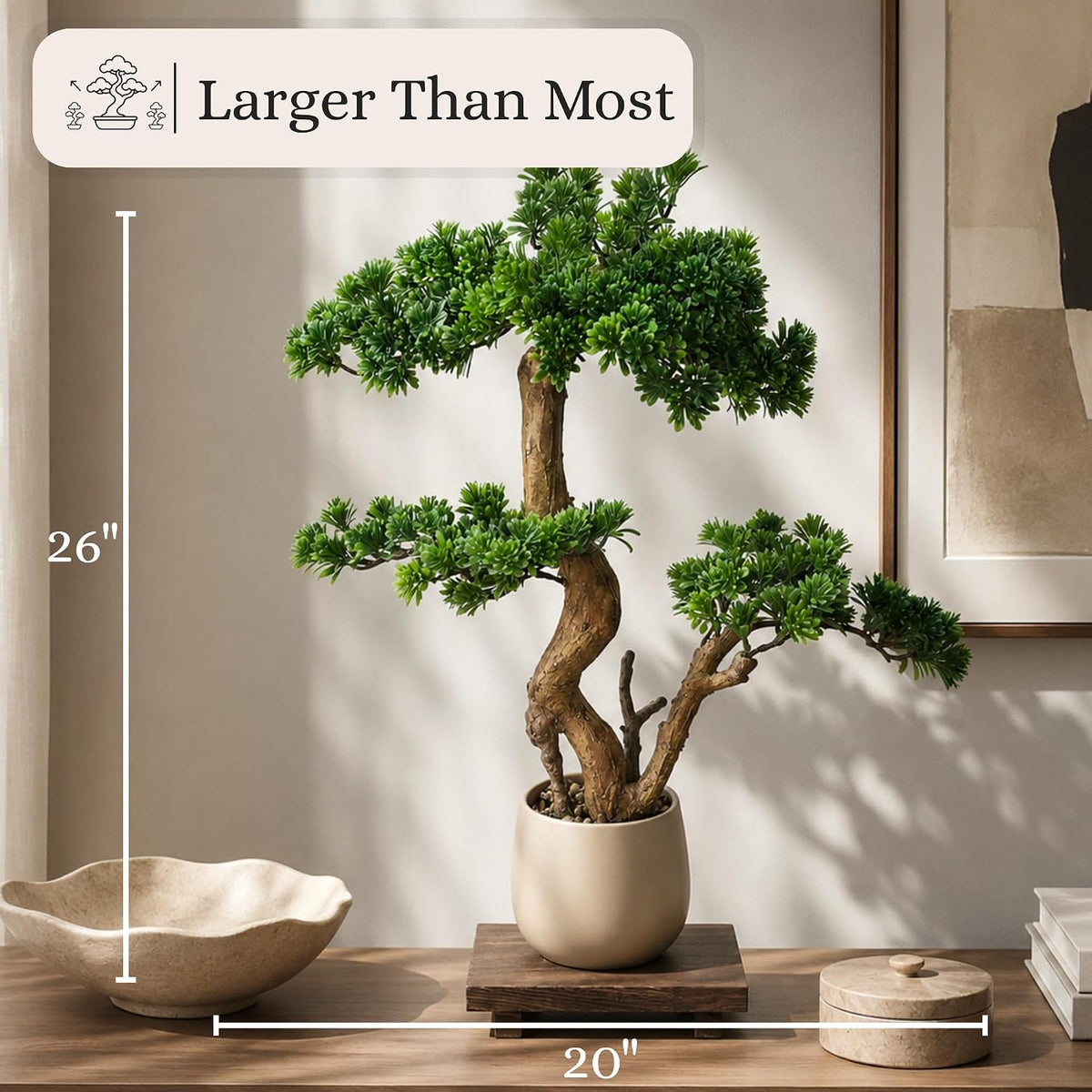 Artificial Bonsai Tree 16" Tall with Realistic Wood and Ceramic Pot, Fake Plants for Home, Bedroom and Office Desk, Japanese Decor